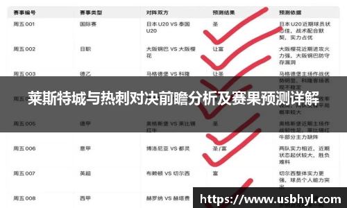 莱斯特城与热刺对决前瞻分析及赛果预测详解